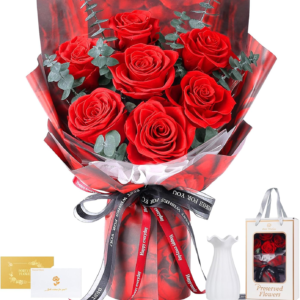 Stunning 7 Red Roses Bouquet with Elegant Vase - Forever Preserved Real Roses, Perfect Gift for Her on Birthdays, Anniversaries, Valentine's Day, Mother's Day & Christmas!