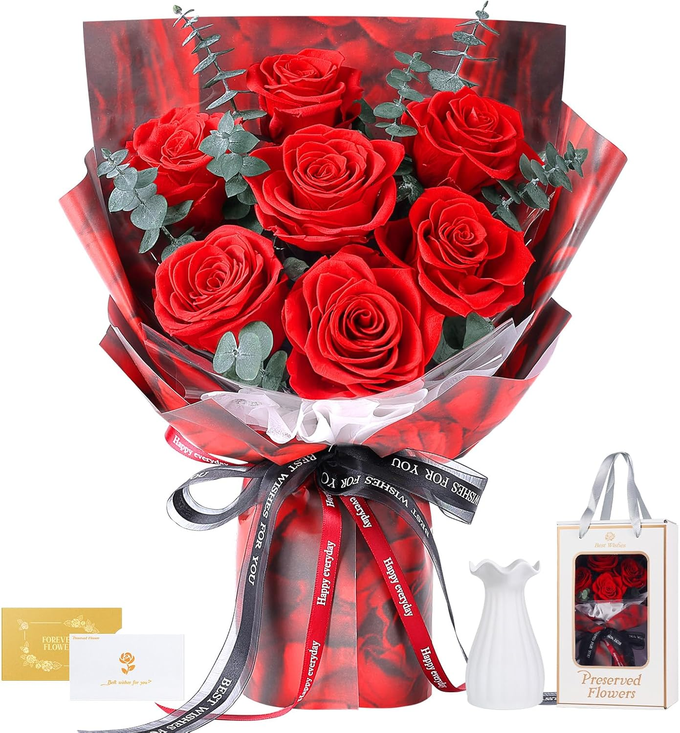 Stunning 7 Red Roses Bouquet with Elegant Vase - Forever Preserved Real Roses, Perfect Gift for Her on Birthdays, Anniversaries, Valentine's Day, Mother's Day & Christmas!