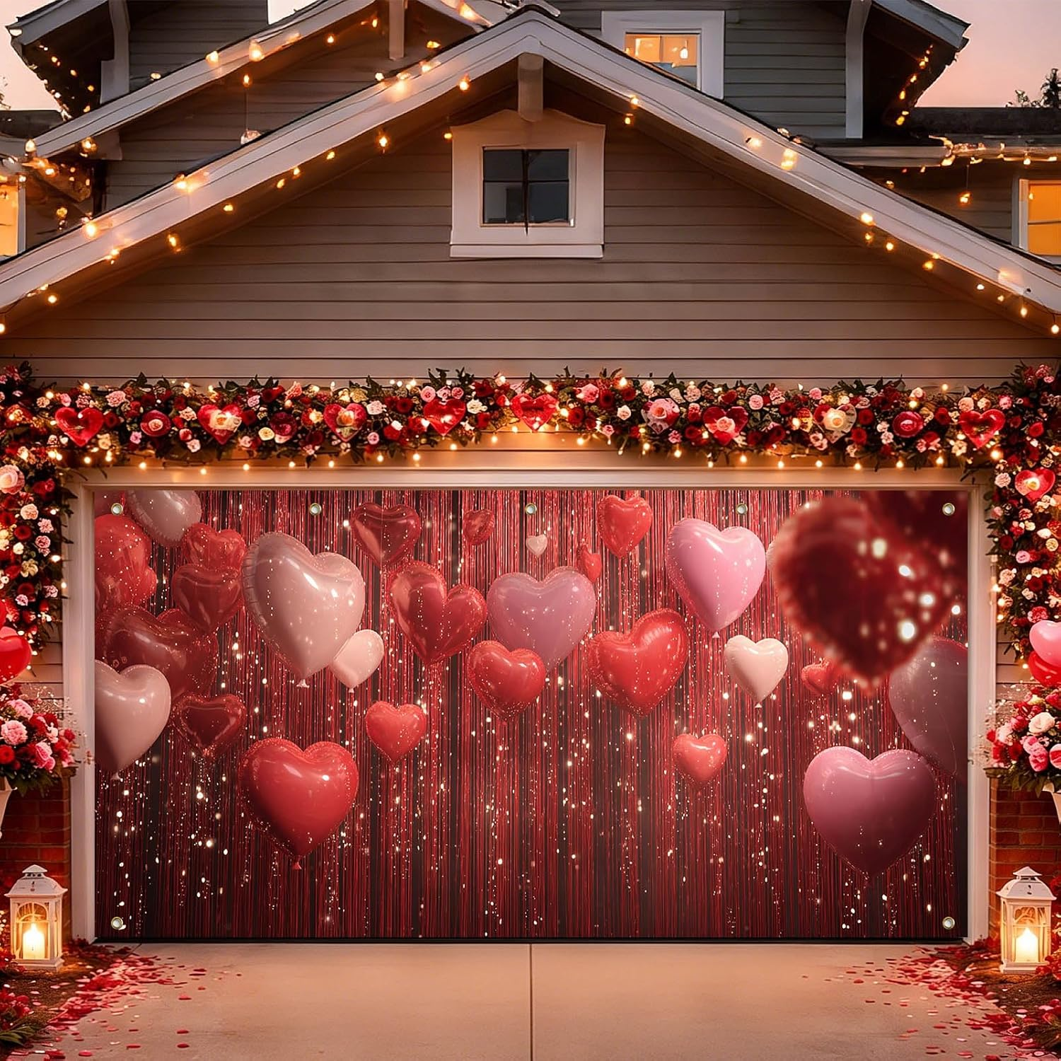 Valentine's Day Garage Door Banner - Heart Balloons on Red Background, 13x6 Ft Outdoor Decorations for a Romantic Celebration - Image 2