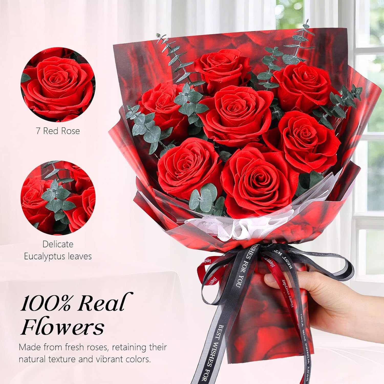 Stunning 7 Red Roses Bouquet with Elegant Vase - Forever Preserved Real Roses, Perfect Gift for Her on Birthdays, Anniversaries, Valentine's Day, Mother's Day & Christmas! - Image 8