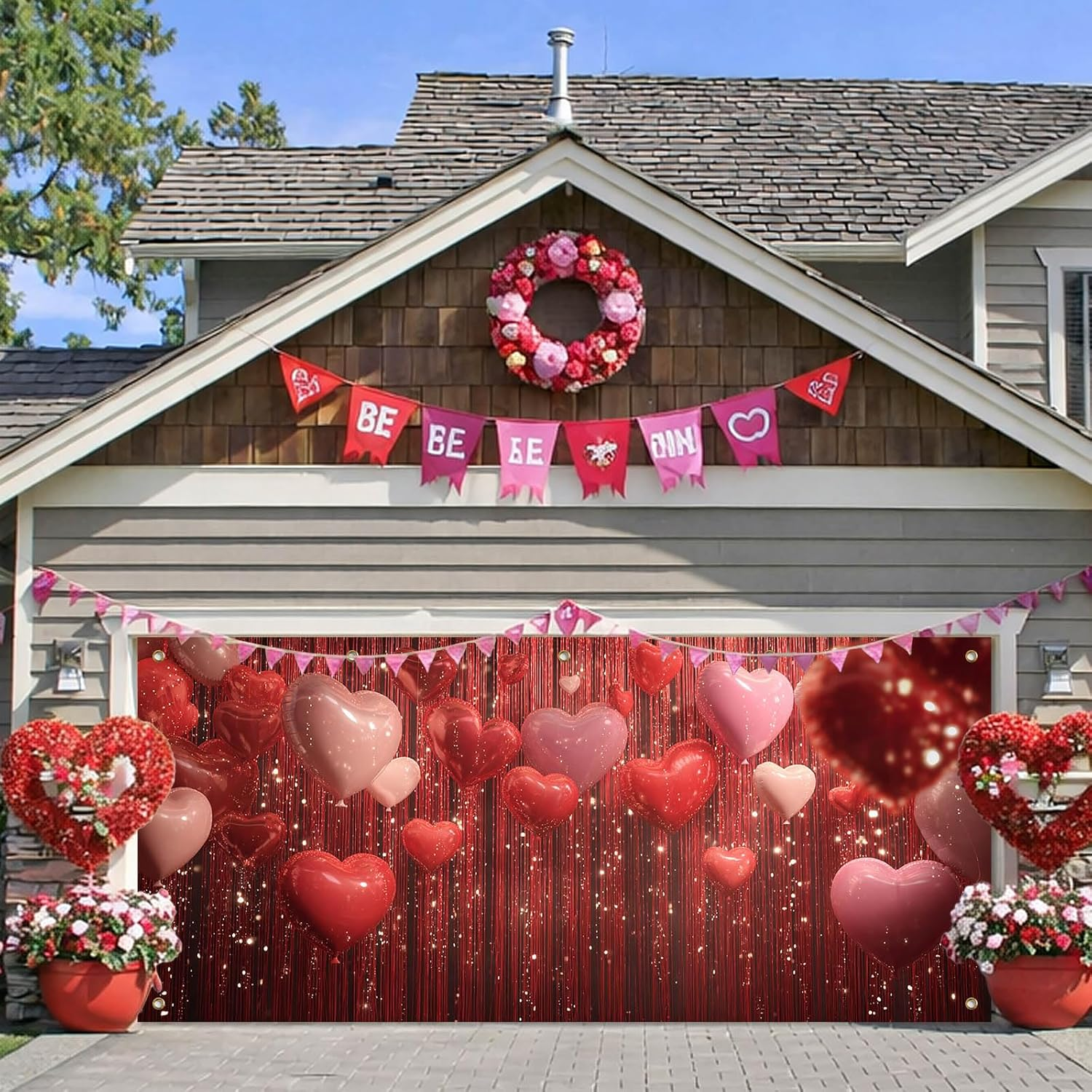 Valentine's Day Garage Door Banner - Heart Balloons on Red Background, 13x6 Ft Outdoor Decorations for a Romantic Celebration - Image 3