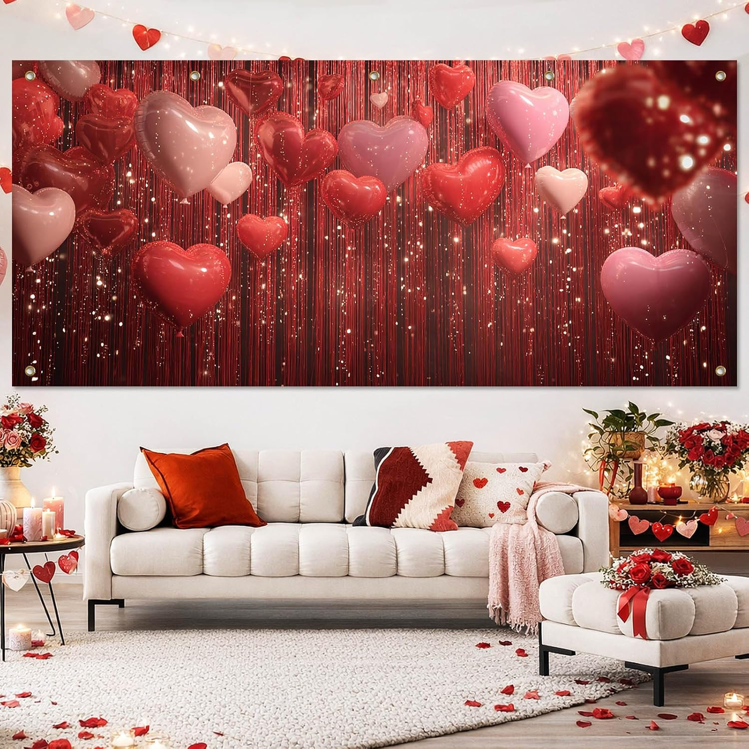 Valentine's Day Garage Door Banner - Heart Balloons on Red Background, 13x6 Ft Outdoor Decorations for a Romantic Celebration - Image 7