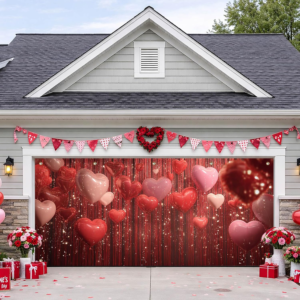Valentine's Day Garage Door Banner - Heart Balloons on Red Background, 13x6 Ft Outdoor Decorations for a Romantic Celebration