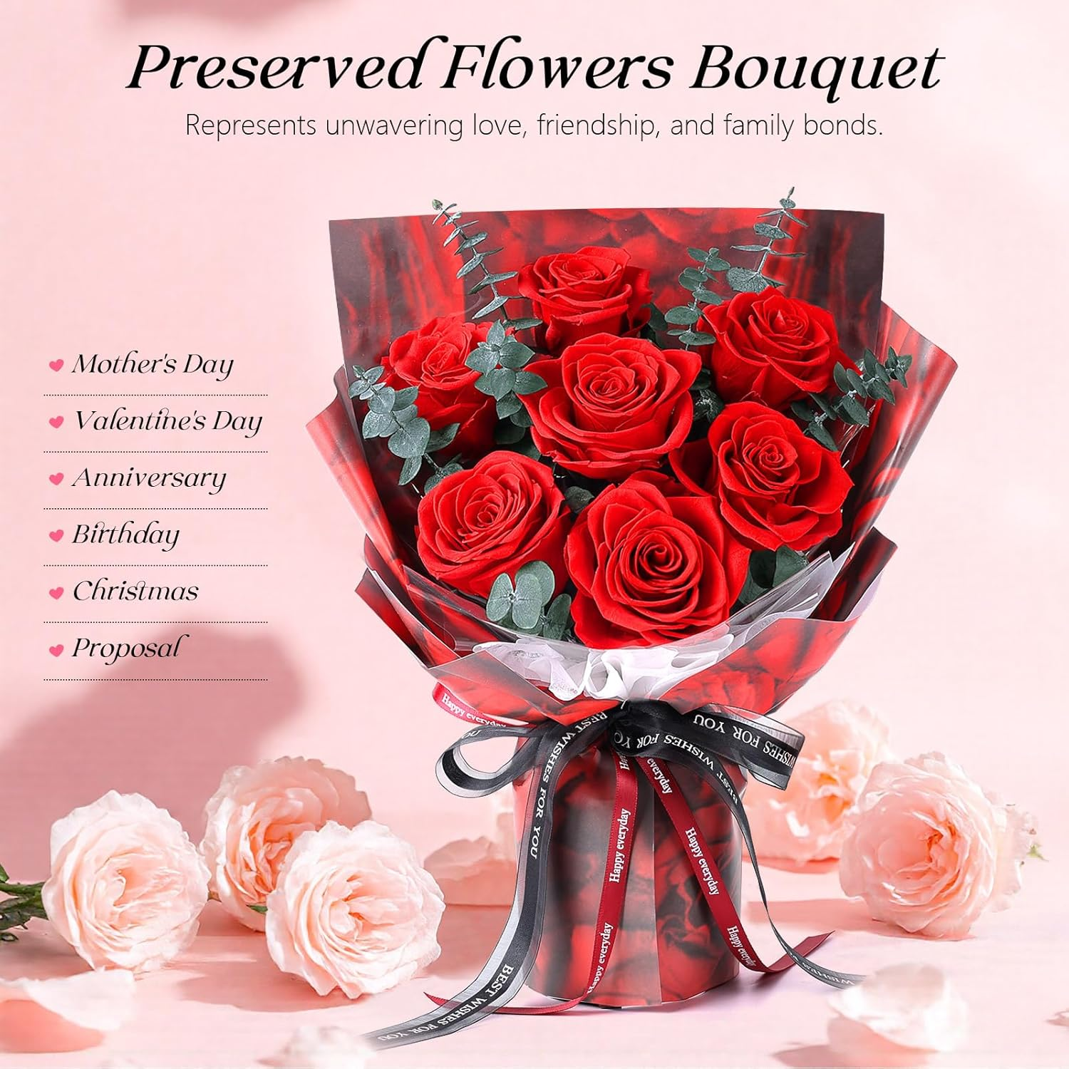Stunning 7 Red Roses Bouquet with Elegant Vase - Forever Preserved Real Roses, Perfect Gift for Her on Birthdays, Anniversaries, Valentine's Day, Mother's Day & Christmas! - Image 3